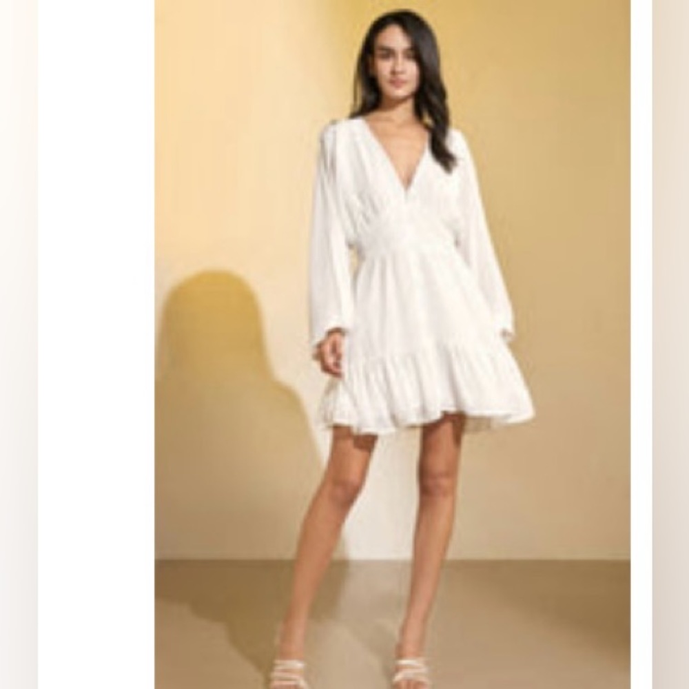 White V neck sheer long sleeve mini dress